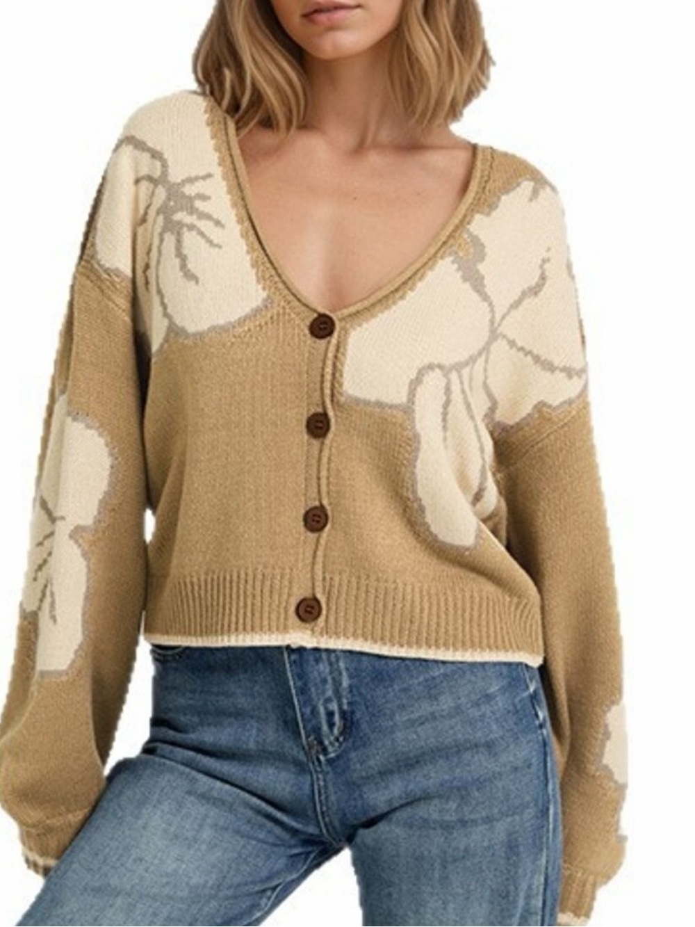 ♥️Hello Gorgeous! Women's Floral V-Neck Button Cardigan Sweater - Cream & Tan